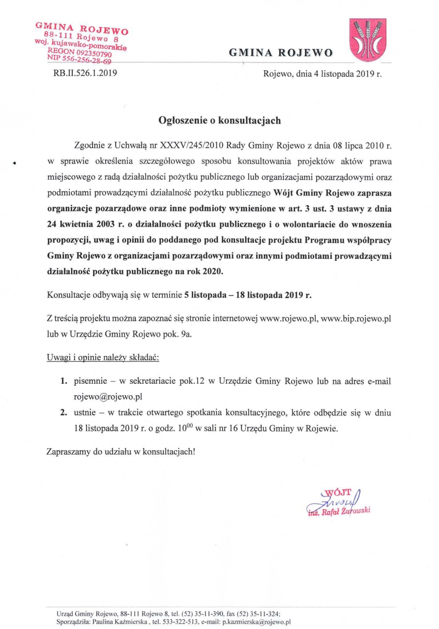 ogłoszenie o konsultacjach PROGRAMU WSPÓŁPRACY Gminy Rojewo z organizacjami pozarządowymi oraz innymi podmiotami prowadzącymi działalność pożytku publicznego na 2020 rok.