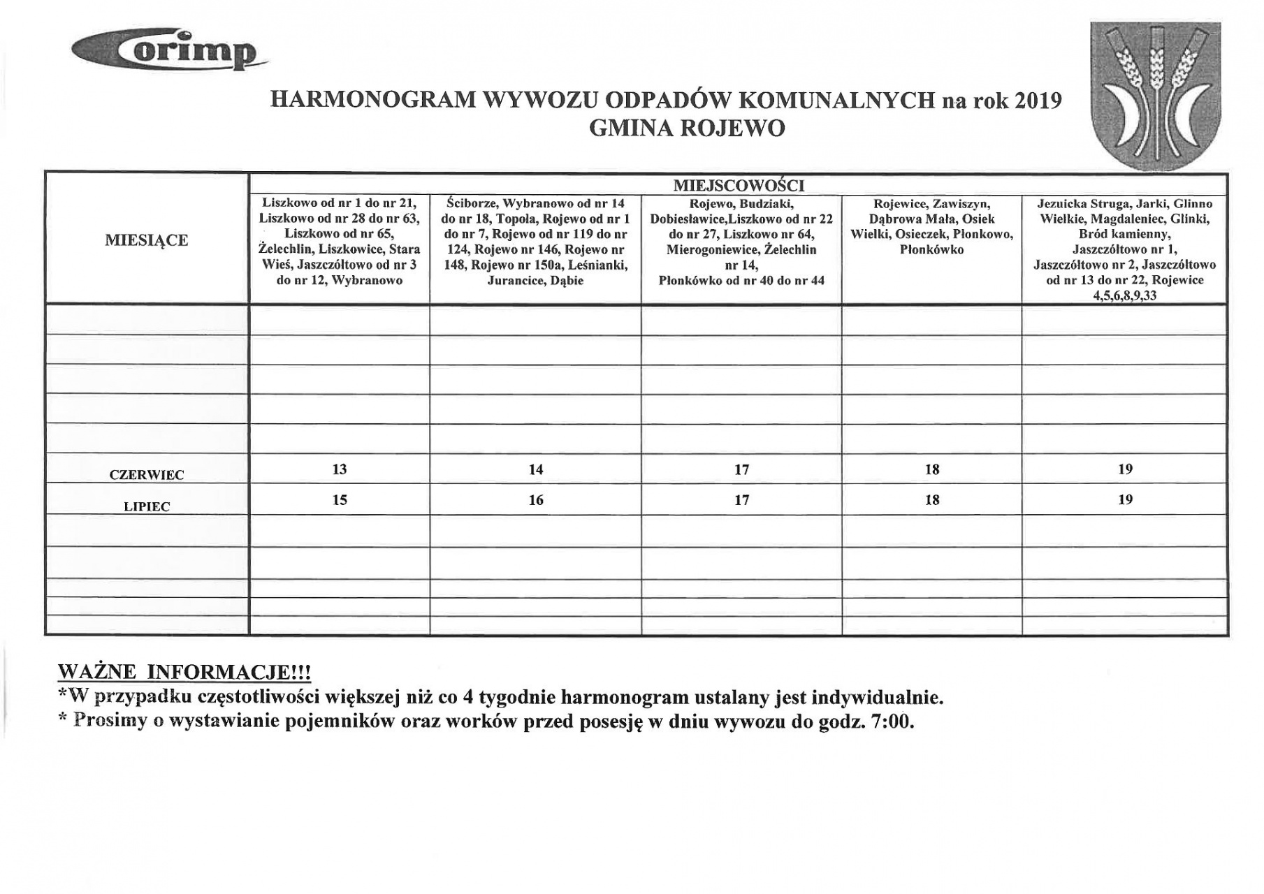 Uwaga nowy harmonogram wywozu odpadów komunalnych z terenu Gminy Rojewo !